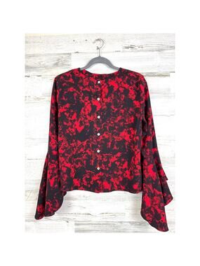 Carmen Marc Valvo Womens M Black Red Abstract Bell-Sleeve Lightweight Blouse